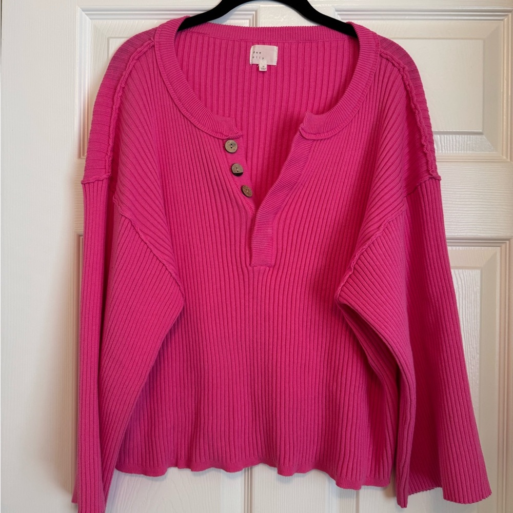Vici Shawn Ribbed Henley Top - Hot Pink - Medium